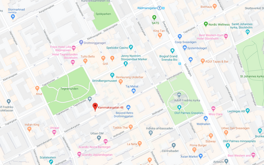 Karta öer Rådmansgatan med pil på Kammakargatann 48 där mottagningen ligger.